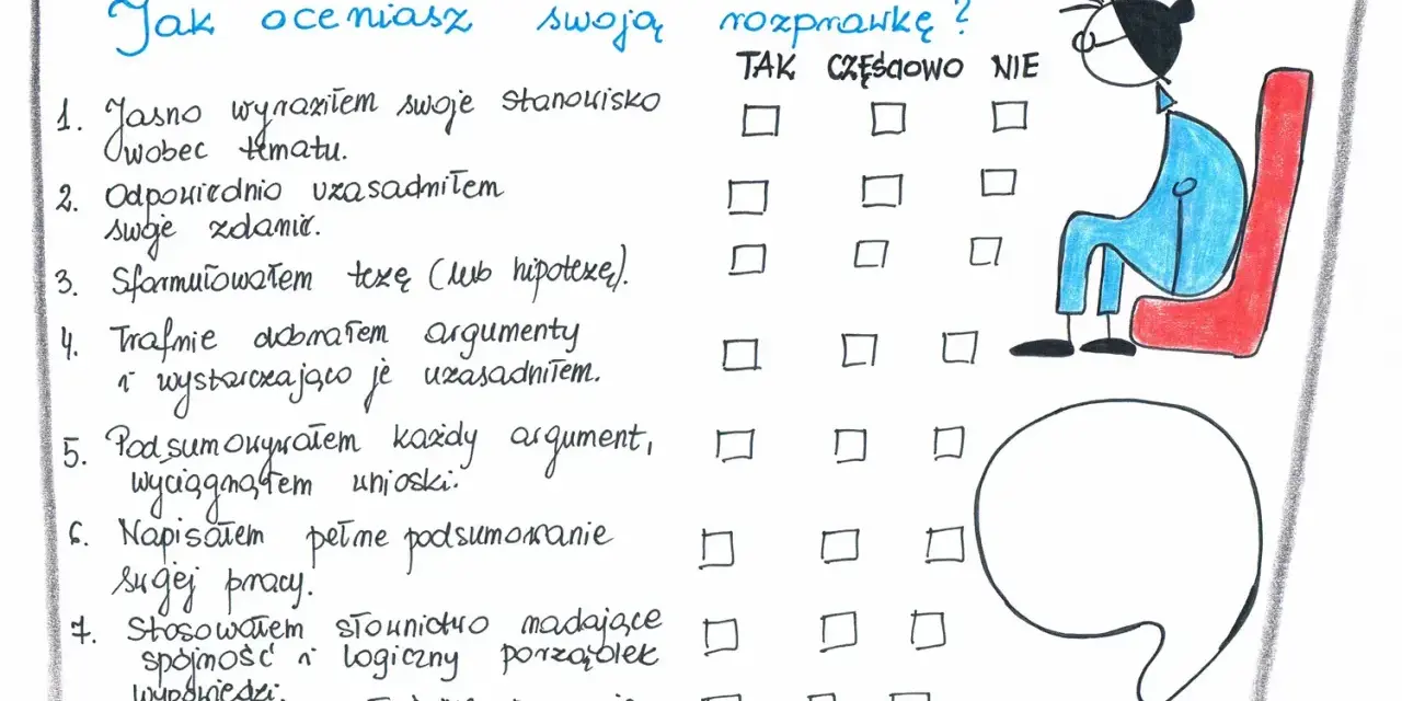 Lista pytań do samooceny rozprawki. Pomaga ocenić, czy zakończenie pracy jest udane.