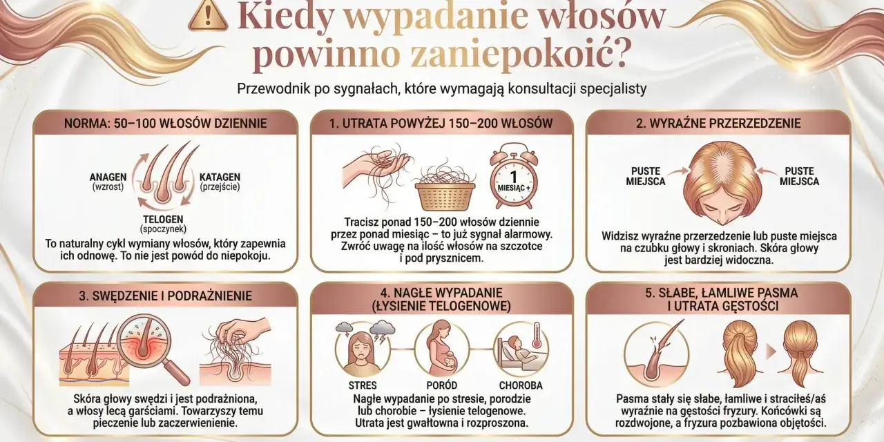 Grafika pokazuje sygnały wskazujące na wypadanie włosów. Znajdziesz tu informacje o normie, utracie włosów, przerzedzeniu, swędzeniu, nagłym wypadaniu i słabych pasmach. To przydatne wskazówki dotyczące domowych sposobów na wypadanie włosów.