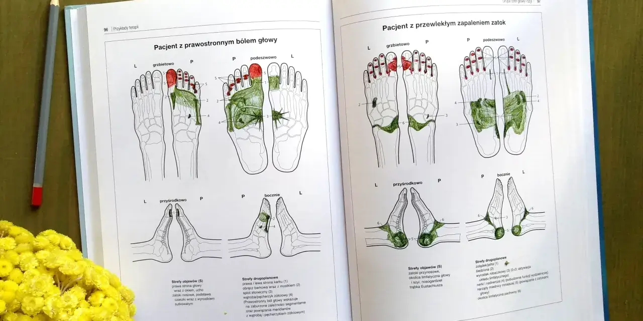 Ilustracje z książki pokazują punkty na stopach do terapii. Kurs refleksologii pomaga zrozumieć powiązania między stopami a różnymi częściami ciała.