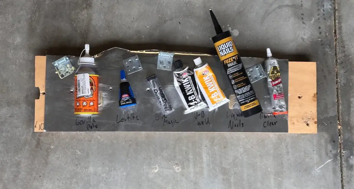 Adhesives are laid out on a board, including Gorilla Poly, Loctite, and Gorilla Clear, to test if Gorilla Glue works on resin.