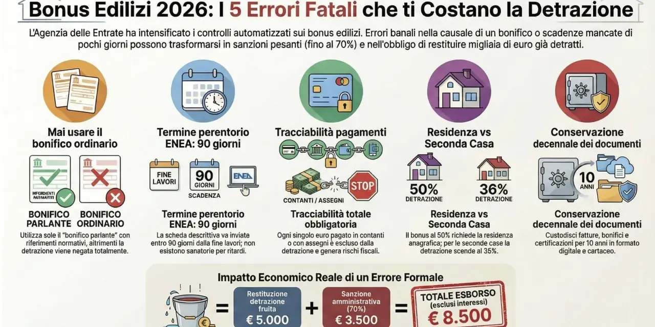 Infografica sui bonus edilizi: errori comuni, scadenze ENEA, tracciabilità pagamenti e residenza vs seconda casa. Il **significato** di "bifamiliare" non è esplicitato, ma si parla di detrazioni per prime e seconde case.
