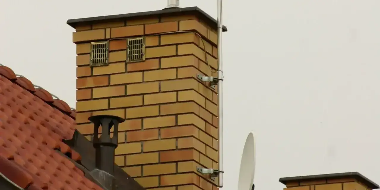Dwa kratkowane otwory wentylacyjne na ceglanym kominie, zapewniające odpowietrzenie kanału sanitarnego.