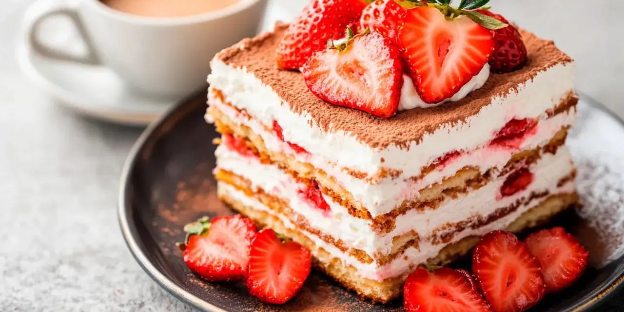 Pyszny deser tiramisu z truskawkami, idealny gdy szukasz czegoś zamiast amaretto. Podany z kawą.
