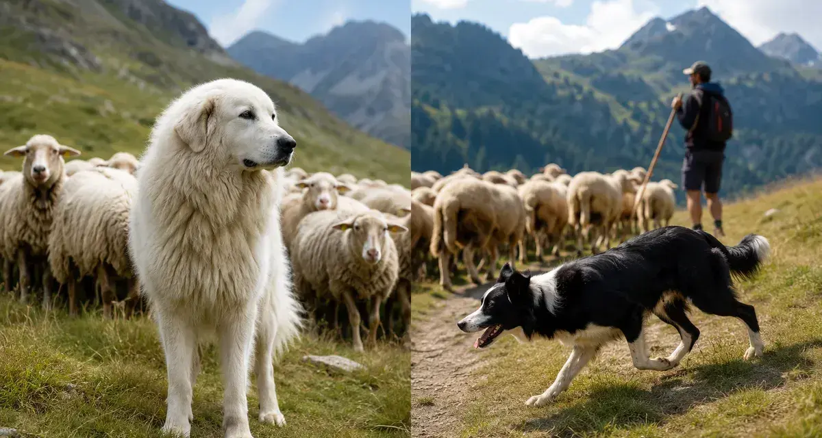 Un chien gardien de troupeau blanc veille sur un troupeau de moutons dans les montagnes. Un autre chien, un chien de berger noir et blanc, guide le troupeau avec un berger.
