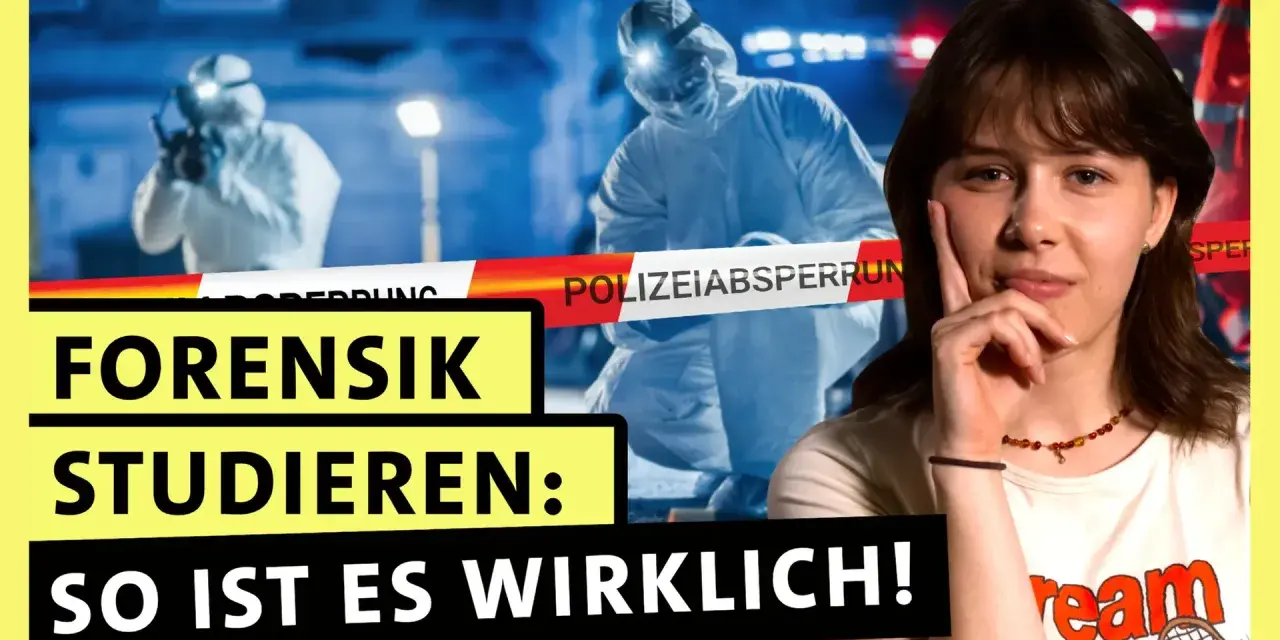 Ein junges Mädchen denkt nach, während im Hintergrund Forensiker in Schutzanzügen einen Tatort absperren. "Forensik studieren: So ist es wirklich!