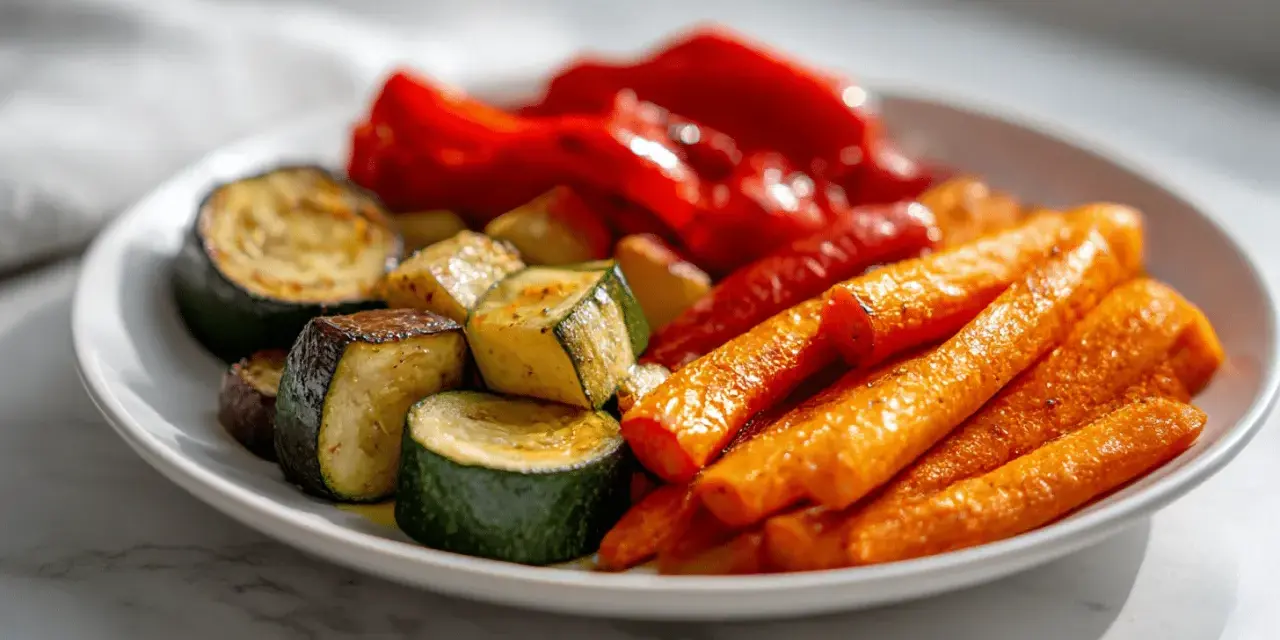 Pyszne warzywa z airfryer: chrupiące marchewki, cukinia i papryka, idealne na lekki posiłek.