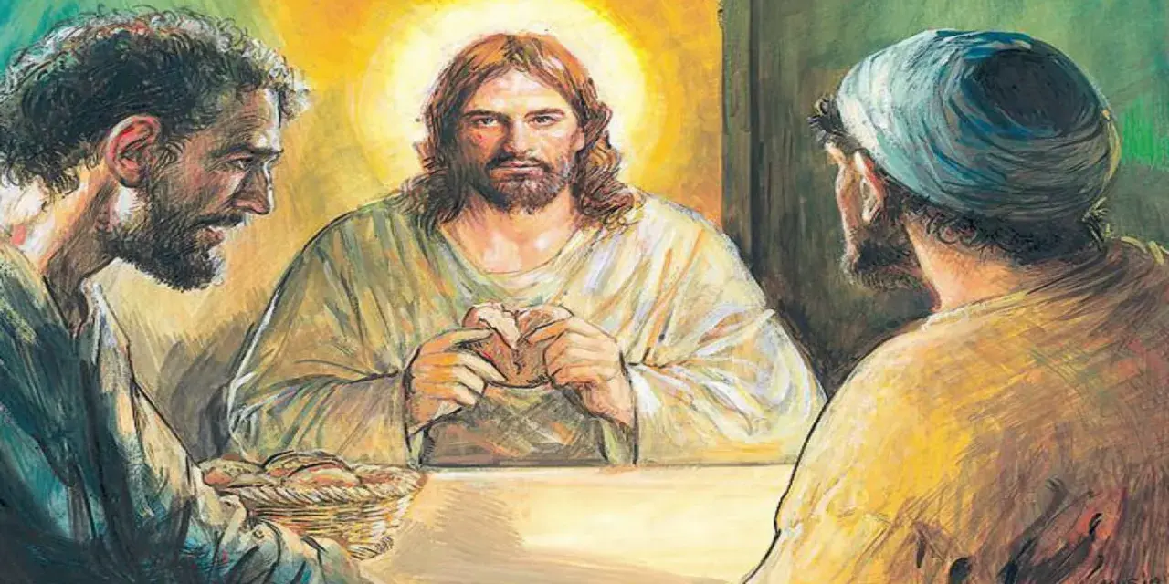 Jezus w Emaus łamie chleb z uczniami. Wokół niego złota poświata.