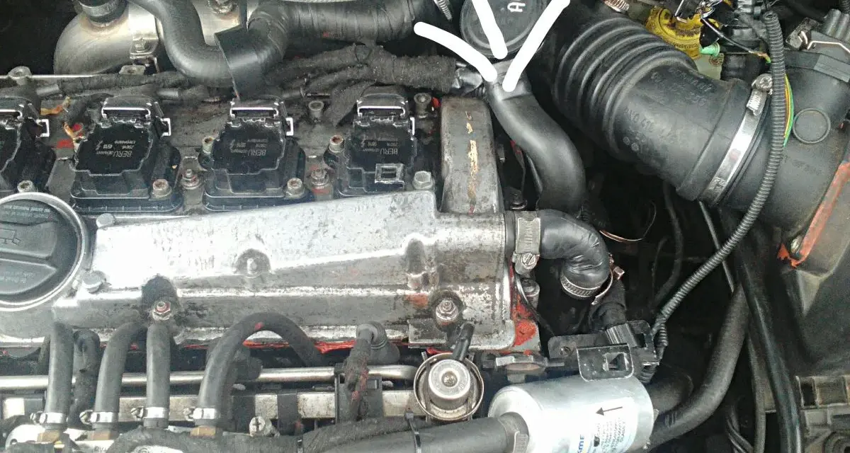 Silnik Audi A3 8L 1.6. Widoczna odma i jej połączenia, które mogą być przyczyną objawów problemów z silnikiem.