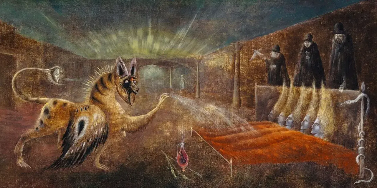 Œuvres d'art de Leonora Carrington : une créature hybride crache sur des têtes flottantes devant des figures en robe.