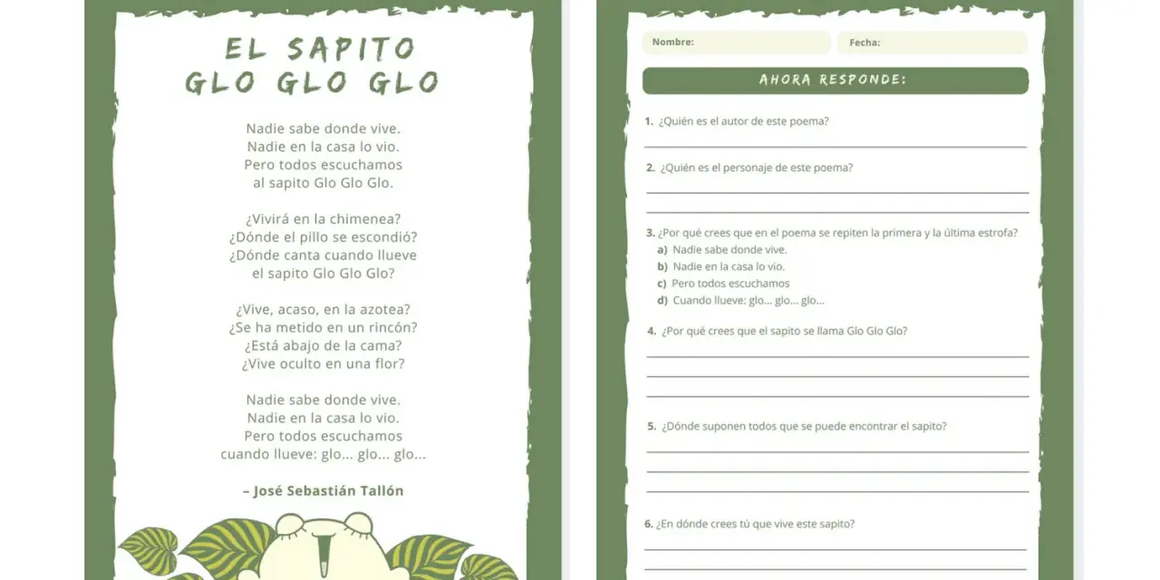 Hoja de trabajo con el poema "El sapito Glo Glo Glo" y preguntas para leer y responder. Incluye una ilustración de un sapito.