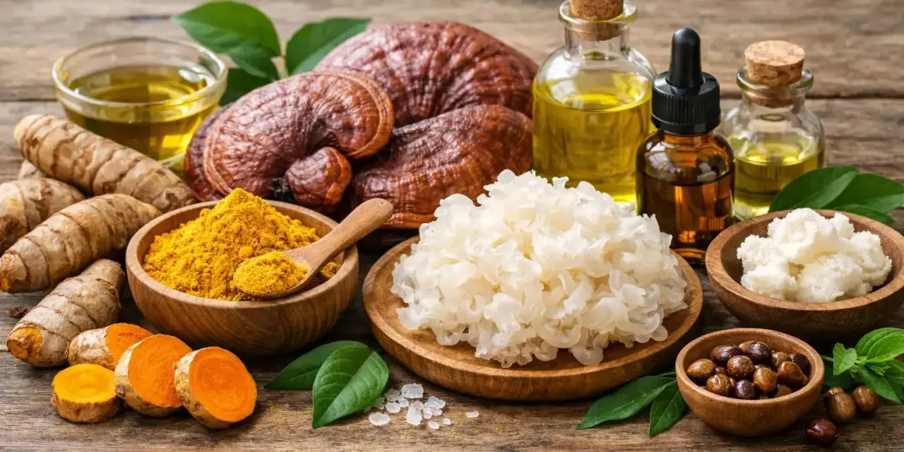 Naturalne składniki: kurkuma, grzyby reishi, olejki i białe grzyby, które mogą zawierać betaglukan.