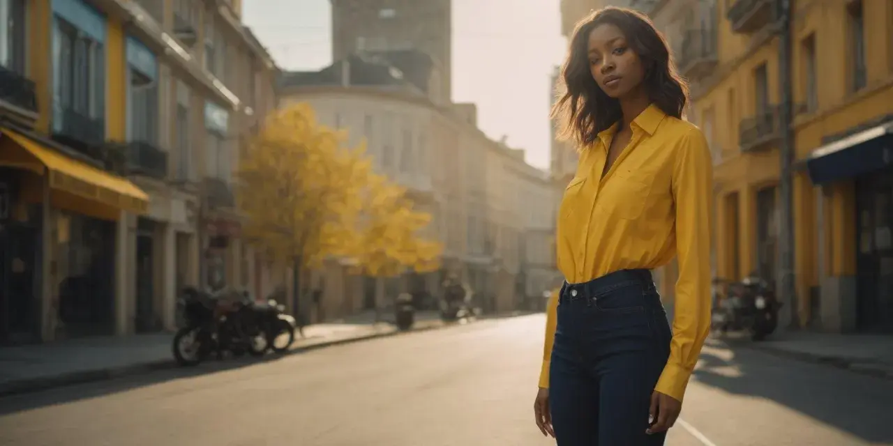 Une femme porte une chemise jaune oversize rentrée dans un jean. Elle se tient dans une rue bordée de bâtiments jaunes et d'arbres aux feuilles d'automne.