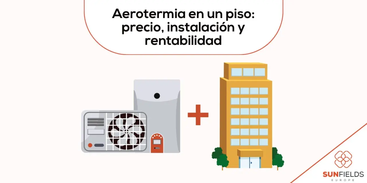 Unidades de aerotermia y un edificio, representando la instalación de aerotermia en un piso.
