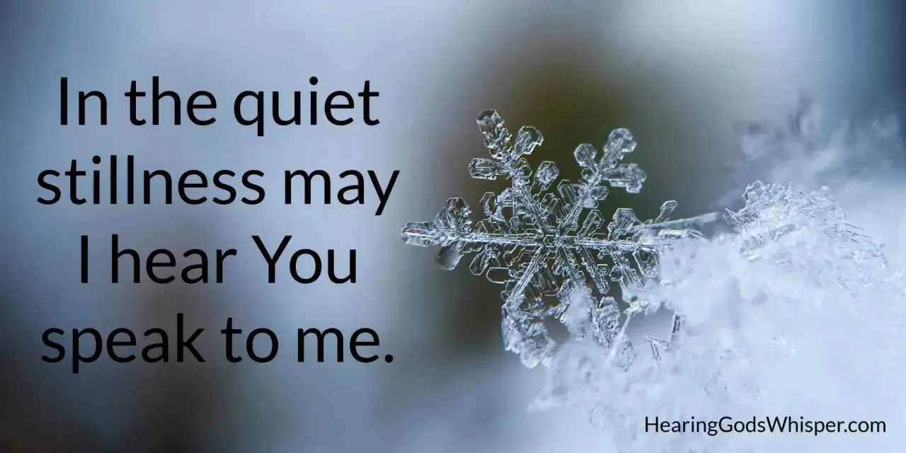 A snowflake rests on snow, with text about finding God's voice during a christian silent retreat.