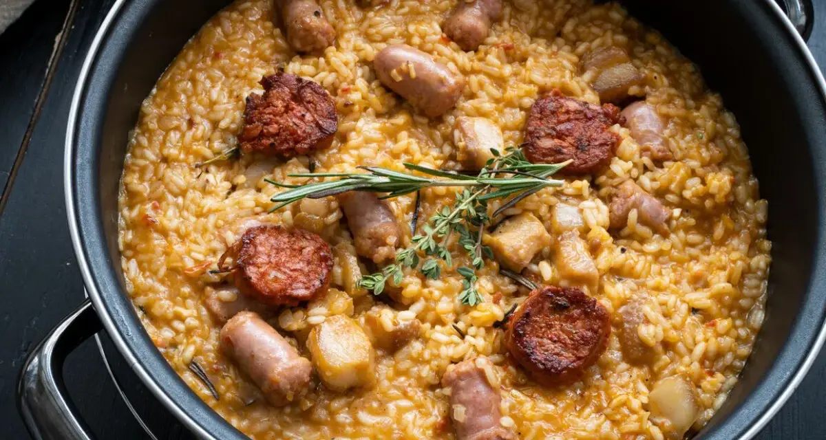 Arroz a la zamorana en paellera con chorizo, salchichas y hierbas aromáticas.