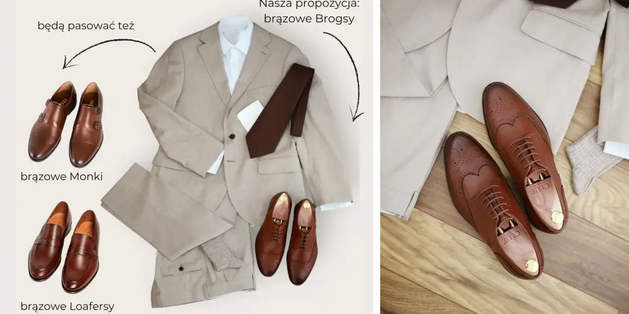 Beżowy garnitur i propozycje brązowych butów: Monki, Loafersy i Brogsy. Idealne jakie buty do beżowego garnituru.