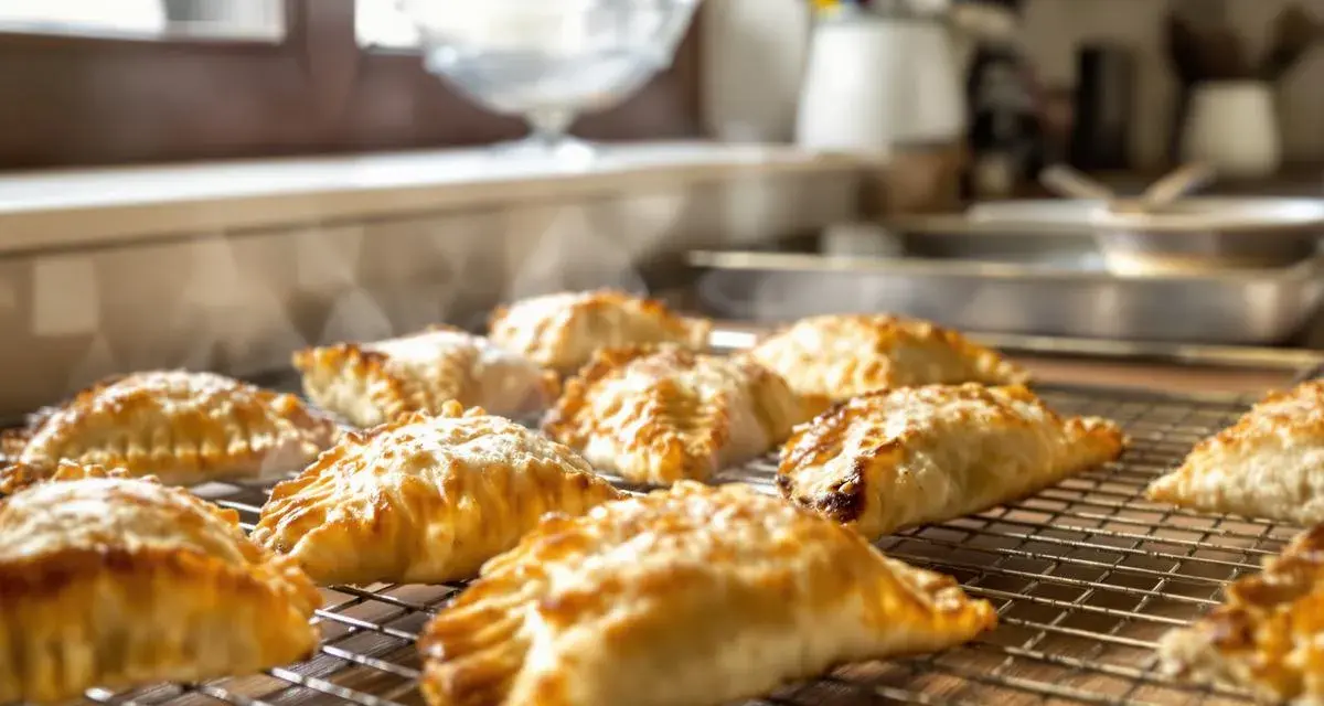 Empanadillas doradas y humeantes enfriándose en una rejilla.