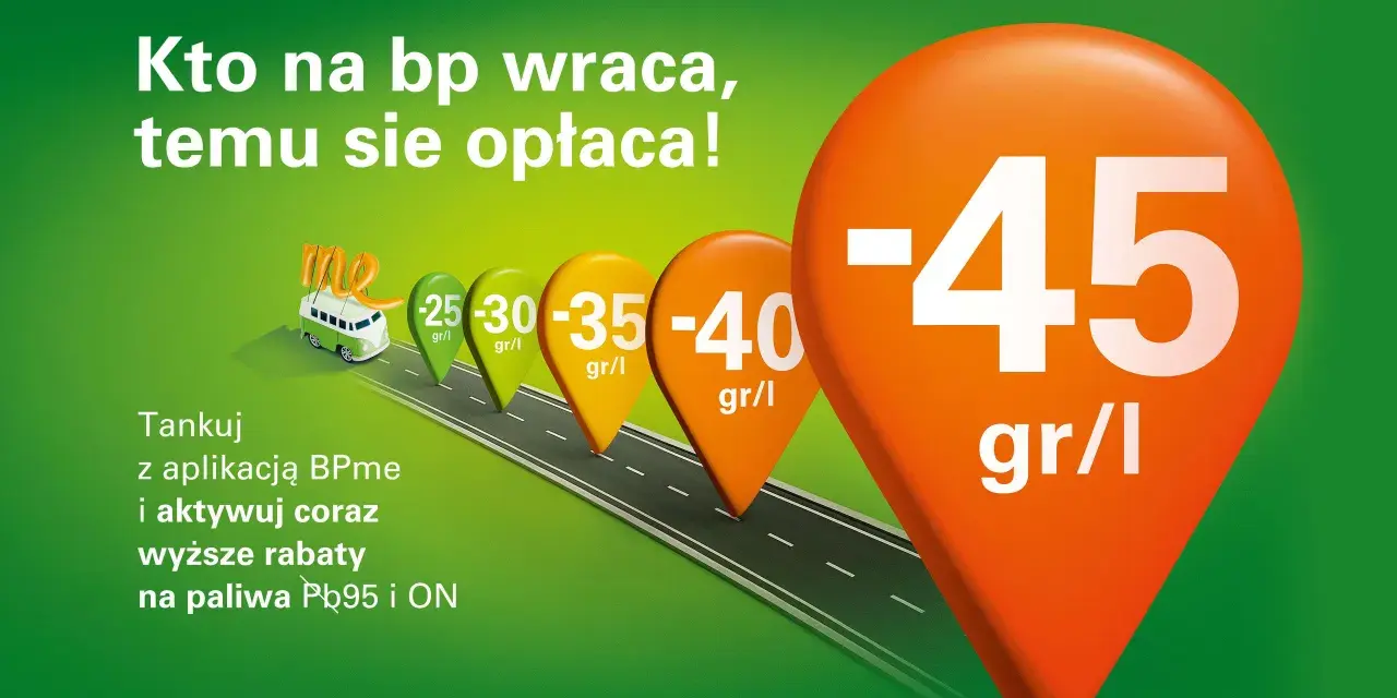 BP promocja: tankuj z aplikacją BPme i aktywuj rabaty do -45 gr/l na paliwa Pb95 i ON. Kto na BP wraca, temu się opłaca!