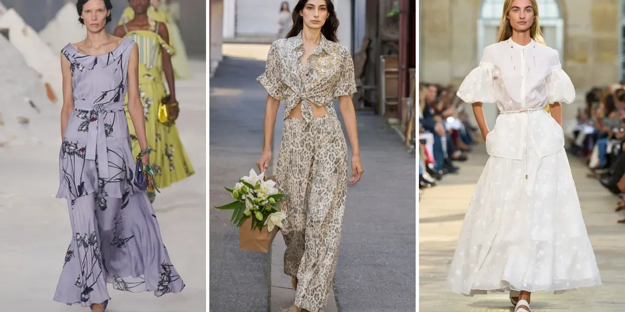 Modelle sfilano con abiti eleganti: uno lilla con stampa floreale, uno animalier con camicia annodata e pantaloni sotto, e uno bianco ricamato.