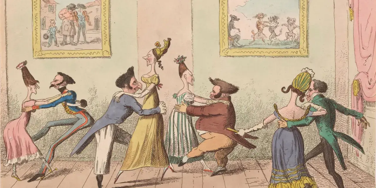 Karikatur von Paaren, die ausgelassen den Walzer tanzen. Ein Musiker spielt Geige, während Hunde im Hintergrund tanzen.