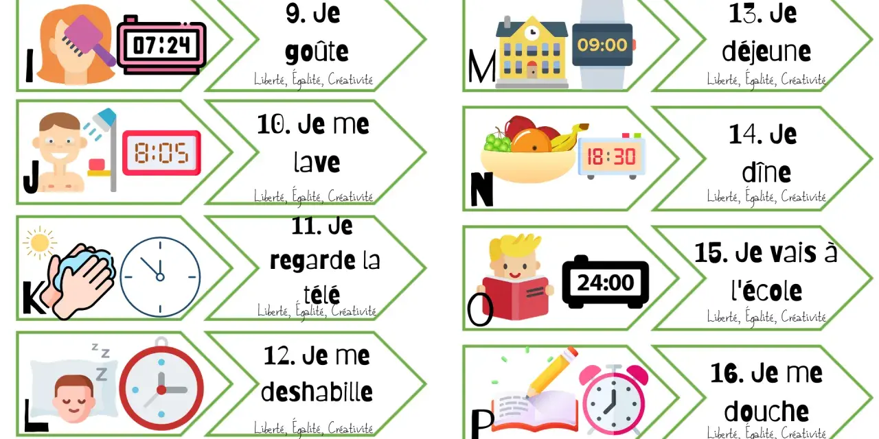 Tarjetas para practicar francés: "Je goûte" (9), "Je me lave" (10), "Je regarde la télé" (11), "Je me déshabille" (12), "Je déjeune" (13), "Je dîne" (14), "Je vais à l'école" (15), "Je me douche" (16).