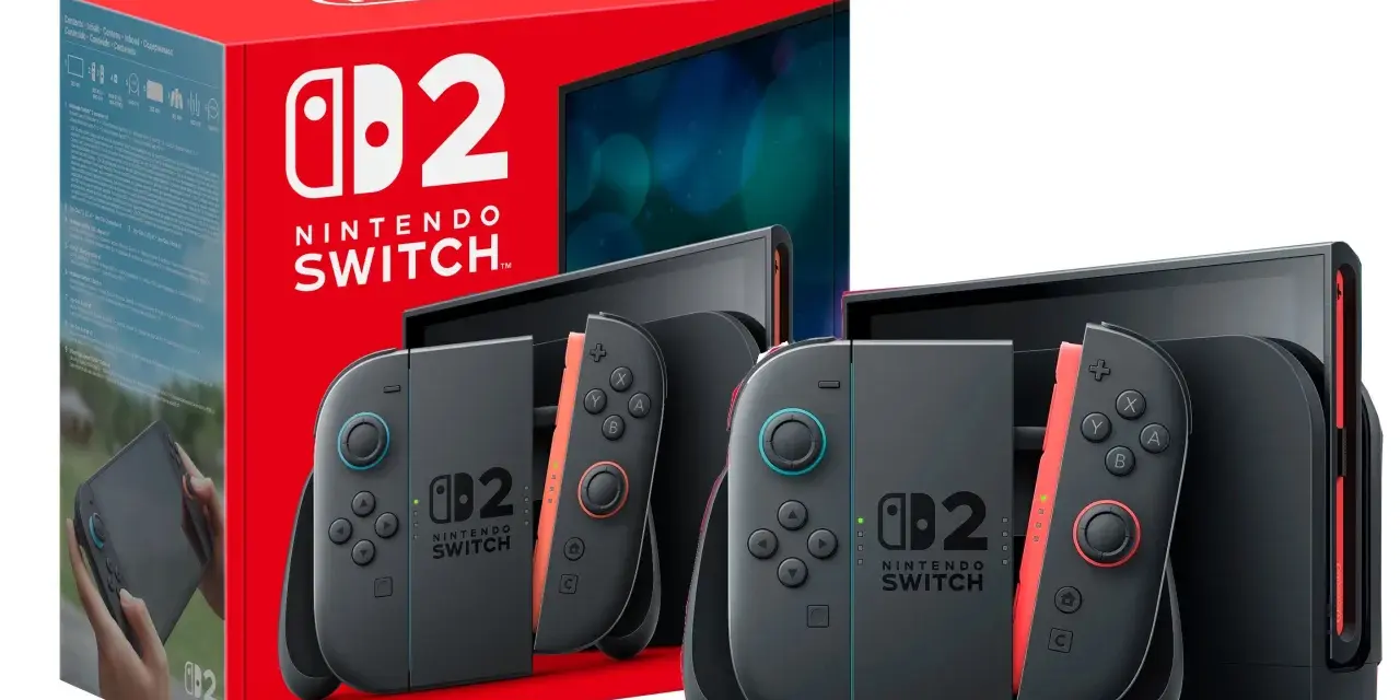 Zestaw Nintendo Switch w języku polskim: konsola, dwa kontrolery Joy-Con i stacja dokująca.