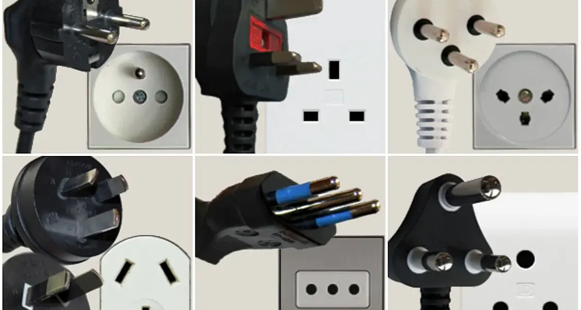Różne rodzaje wtyczek i gniazdek elektrycznych, w tym te używane we Włoszech.