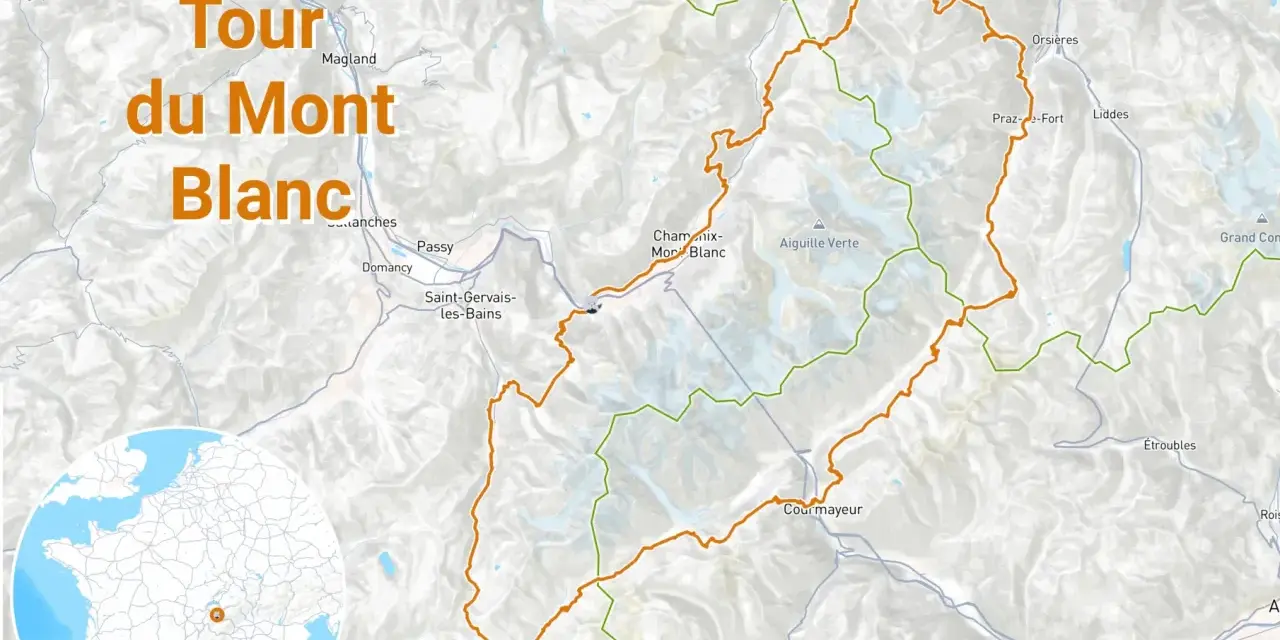 Carte du Tour du Mont Blanc, montrant les sentiers en orange et vert, traversant des villes comme Chamonix et Courmayeur.