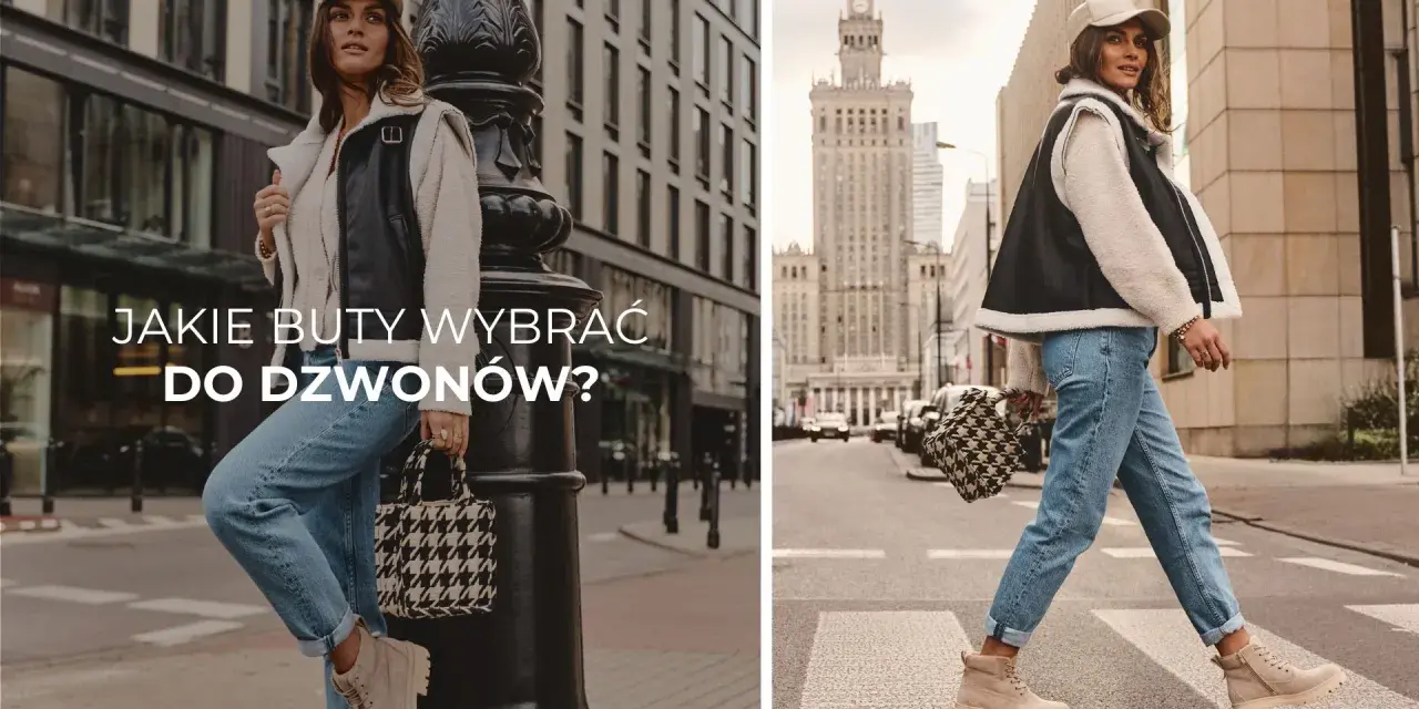 Kobieta w jeansach dzwonach i beżowych traperach, idealne buty do dzwonów. Stylizacja miejska.