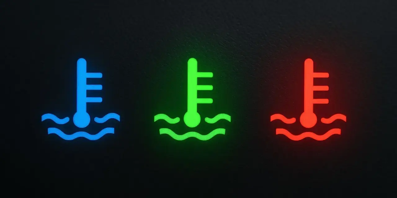 Icone di un termometro in acqua, blu, verde e rosso, che indicano la temperatura del liquido di raffreddamento.