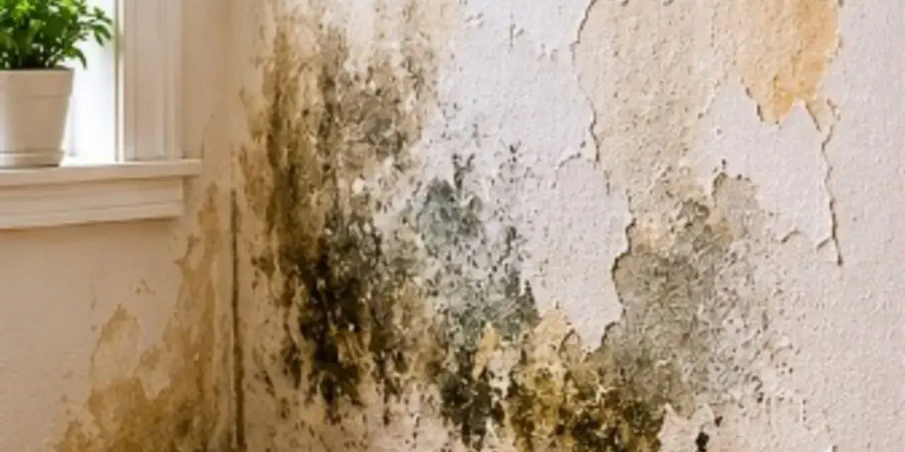 La pintura se cae de la pared por humedad, formando manchas oscuras y descamándose.