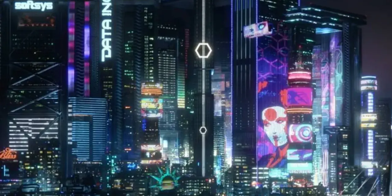 Noche futurista con rascacielos iluminados por neones, anuncios digitales y la silueta de una ciudad que evoca la actualización cyberpunk 2077.