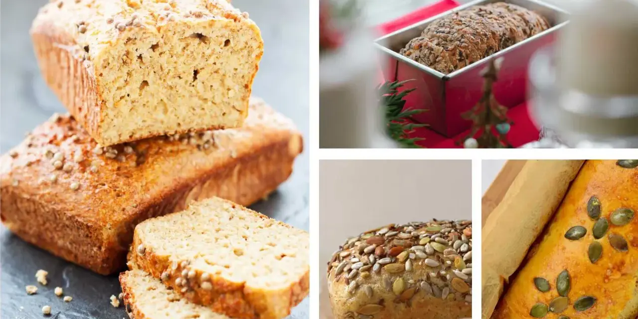 Vier Bilder zeigen verschiedene Brote, die in Kastenformen gebacken wurden. Ein Brot ist mit Körnern bestreut, ein anderes mit Kürbiskernen.