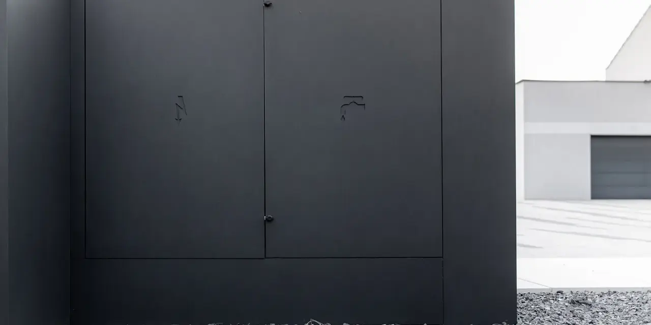 Nowoczesna, czarna skrzynka elektryczna w ogrodzeniu, z dyskretnymi symbolami błyskawicy i kranu.