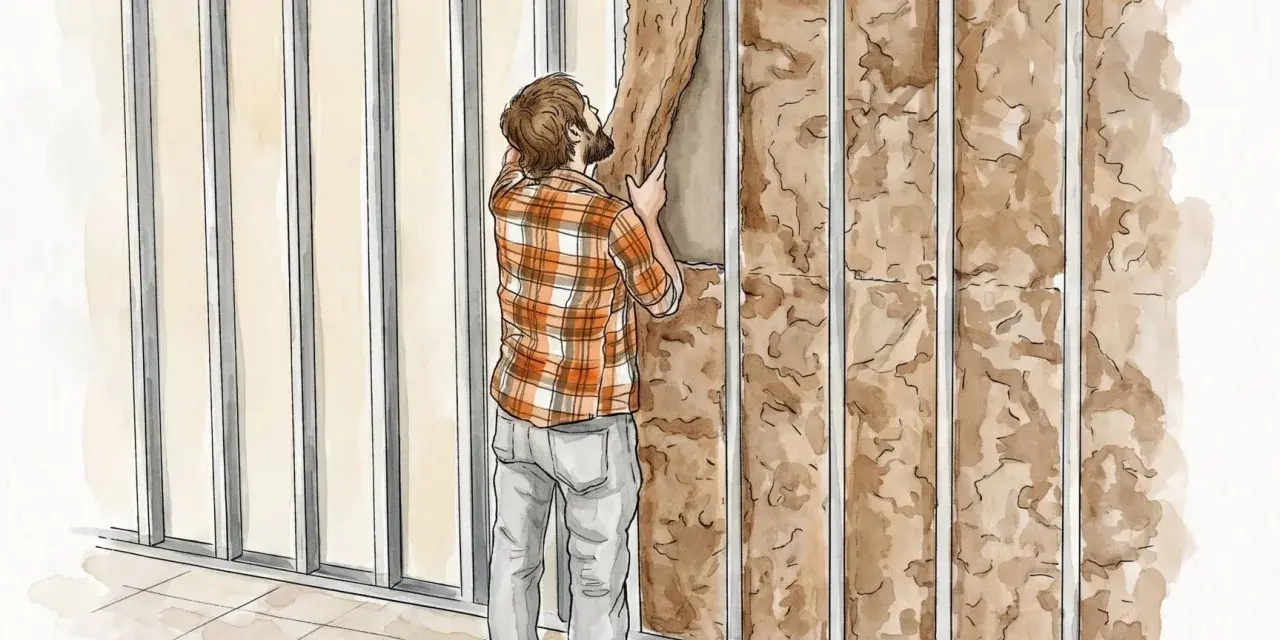 Hombre colocando aislamiento en una estructura metálica para insonorizar habitación.