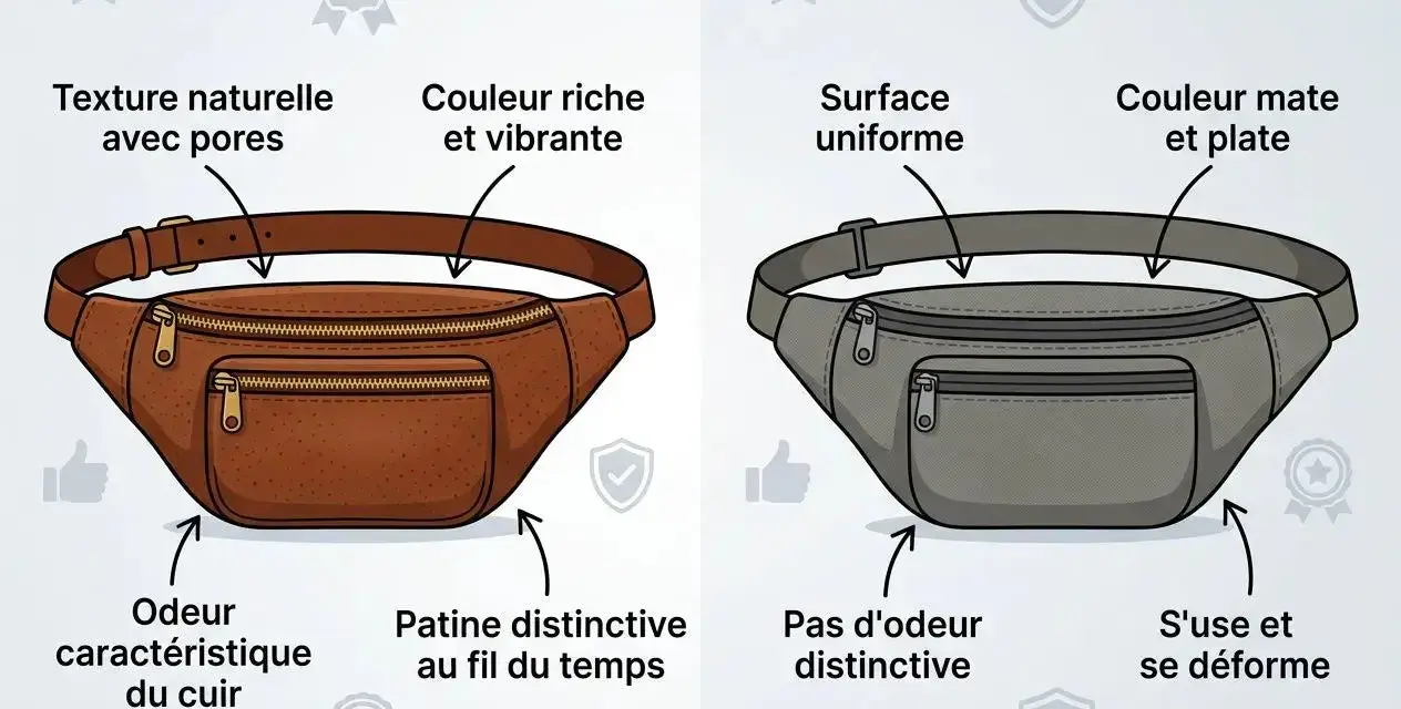Comparaison de deux sacs banane : l'un en cuir naturel, l'autre en tissu synthétique. Le cuir offre une texture poreuse et une patine unique, tandis que le tissu est uniforme mais se déforme.