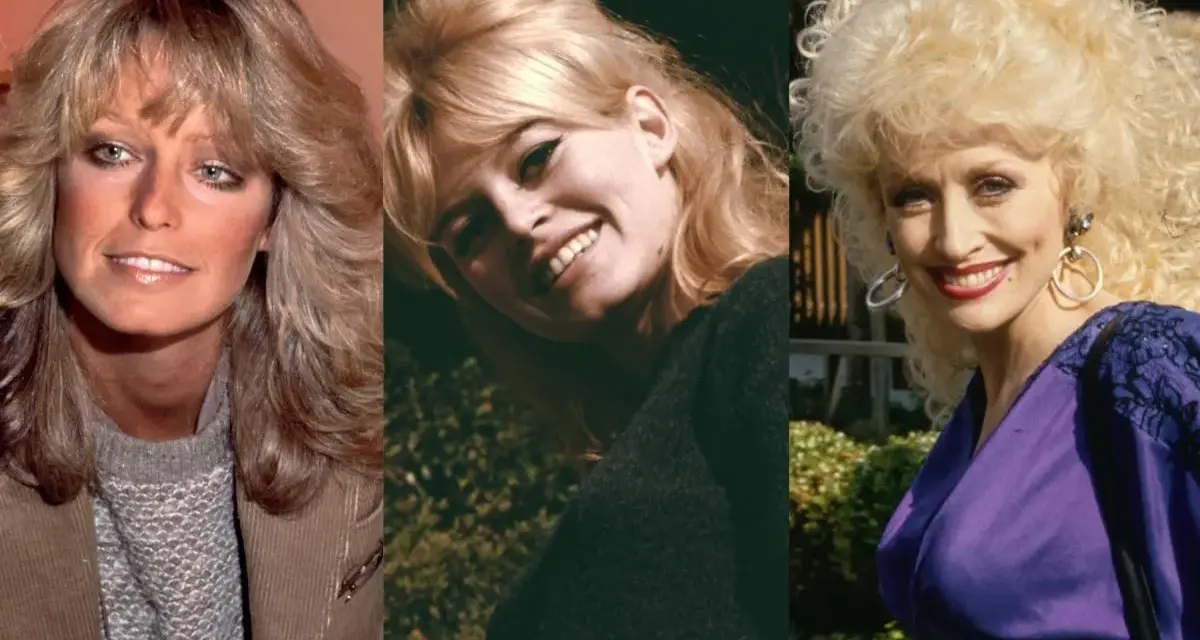 Ikony stylu z lat 80. z bujnymi fryzurami: Farrah Fawcett, Brigitte Bardot i Dolly Parton.