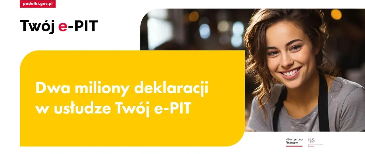 Uśmiechnięta kobieta obok napisu "Twój e-PIT". Dowiedz się, jak sprawdzić status zwrotu podatku.
