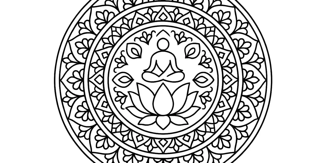 Mandala complexe et symétrique, représentant Bouddha méditant sur un lotus. Un dessin symétrique difficile à colorier.