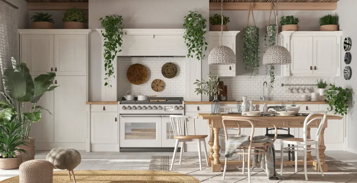 Cucina luminosa con mobili chiari, tante piante e un tavolo in legno. Un'atmosfera country chic rilassante.