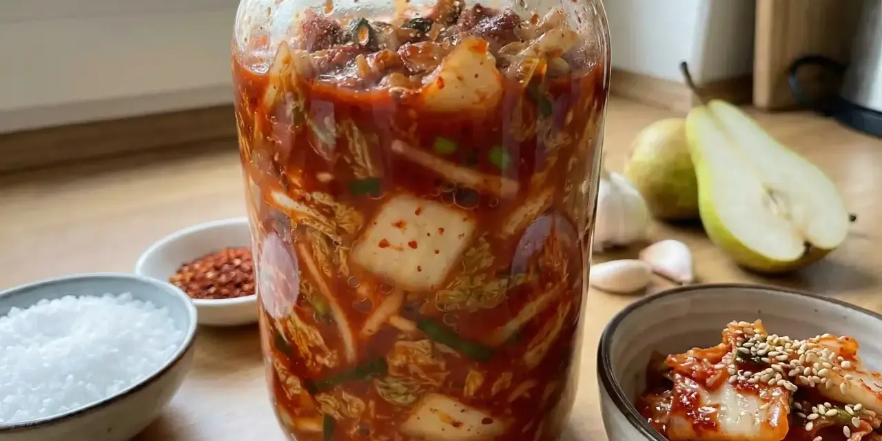 En stor burk med hemgjord kimchi, redo att jäsa. Ingredienser som chili, vitlök och päron syns bredvid. Ett perfekt kimchi recept!