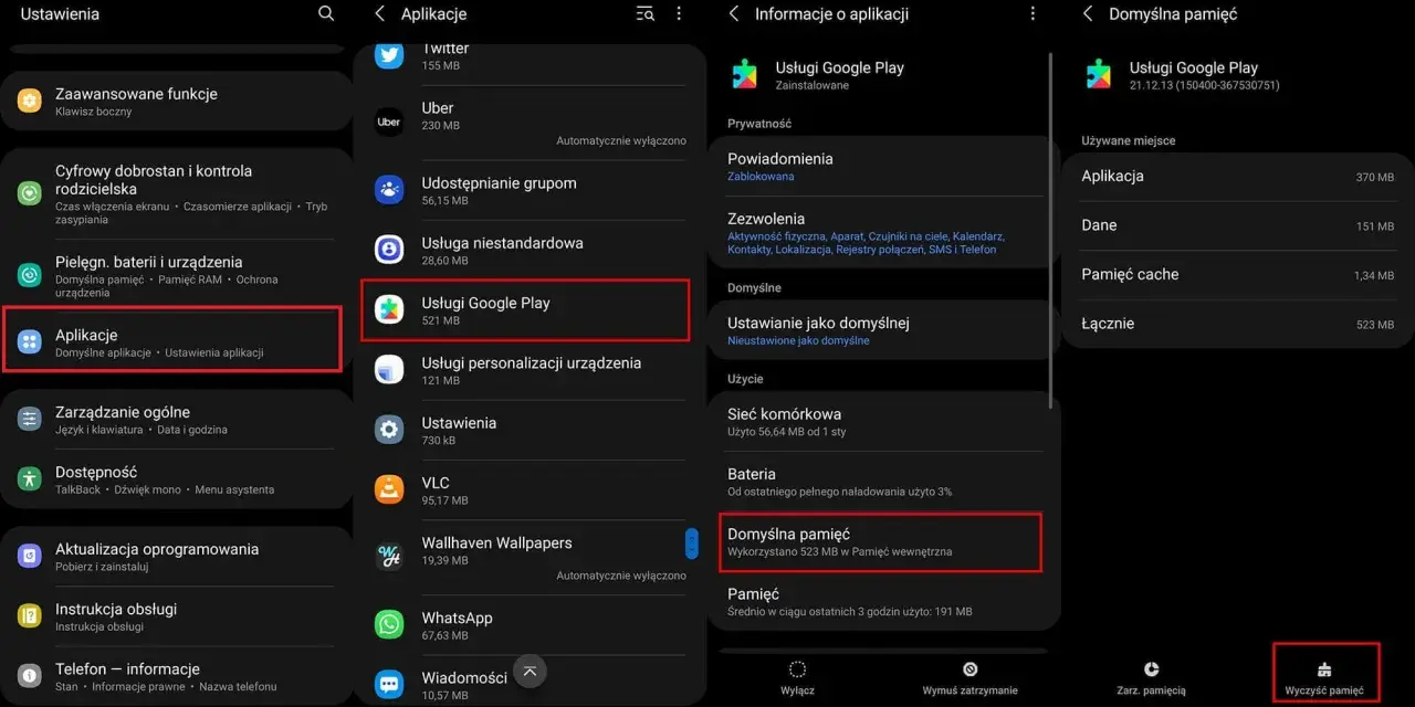 Ekran telefonu z ustawieniami aplikacji Google Play, pokazujący informacje o pamięci i opcję wyczyszczenia.