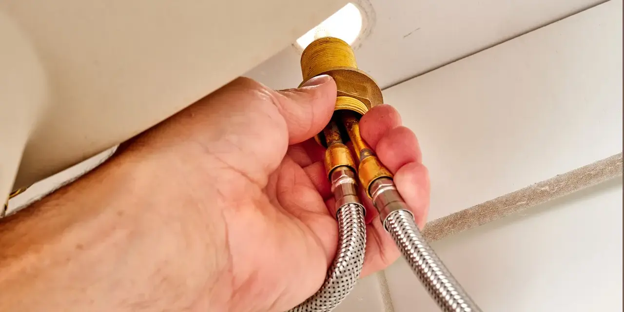 Hands disconnect braided water supply lines from a faucet base, a key step in how to remove kitchen faucet.