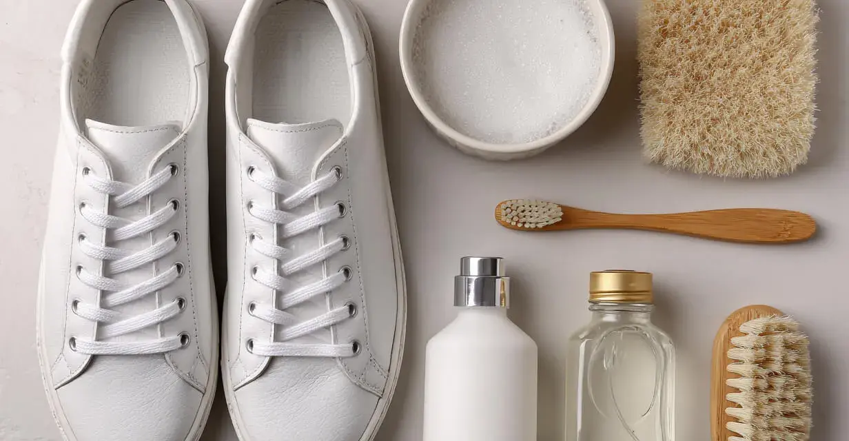Un paio di scarpe da ginnastica bianche, spazzole, sapone e dentifricio per pulire la gomma bianca delle scarpe.