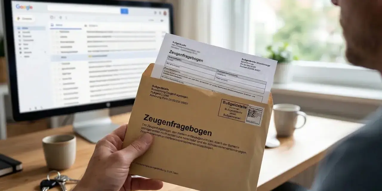 Mann hält Zeugenfragebogen für Blitzer in der Hand. Ein Briefumschlag mit dem Aufdruck "Zeugenfragebogen" liegt auf einem Schreibtisch.