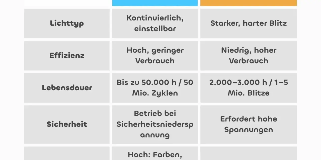 Vergleichstabelle: LED vs. Xenon. Xenon LED Scheinwerfer bieten starken Blitz, aber geringere Lebensdauer und Effizienz als LED.