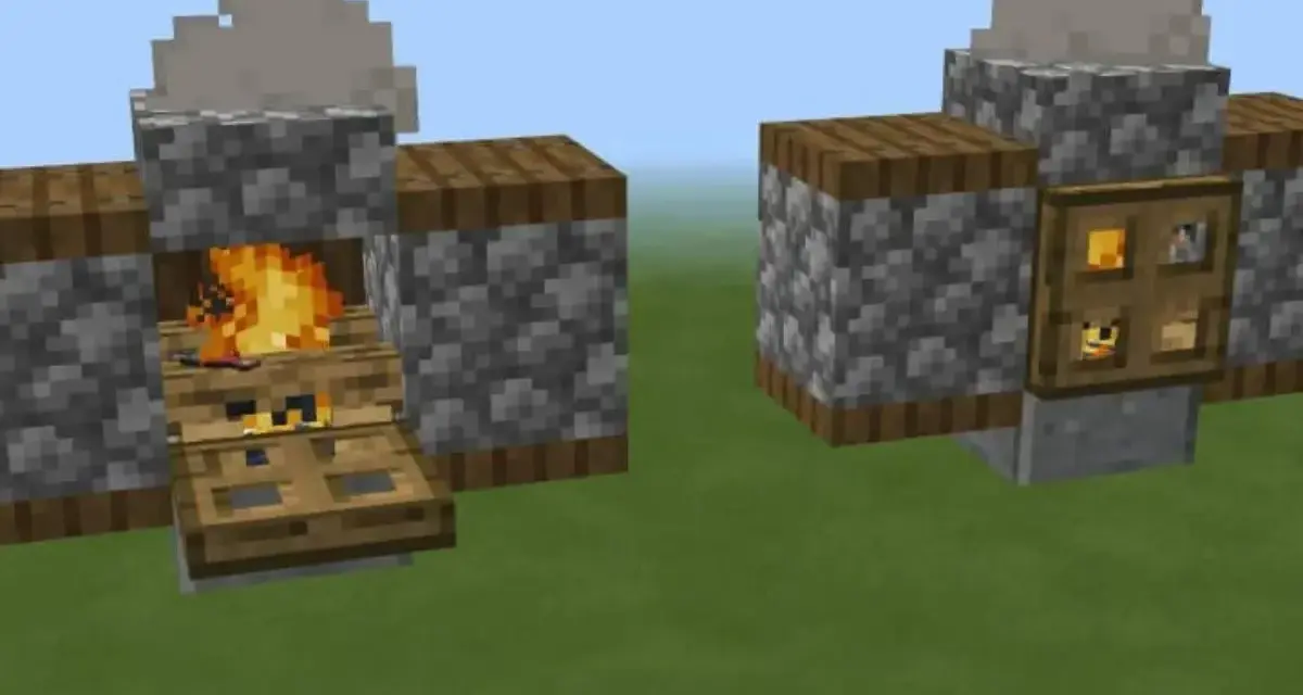 Un ahumador Minecraft con fuego y humo. A la derecha, una puerta con compartimentos para cocinar.