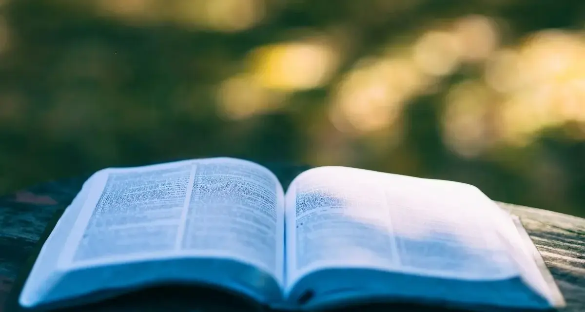 Ein aufgeschlagenes Buch liegt auf einem Tisch im Freien. Die Seiten sind mit Text gefüllt, der an Psalm 28 erinnert.