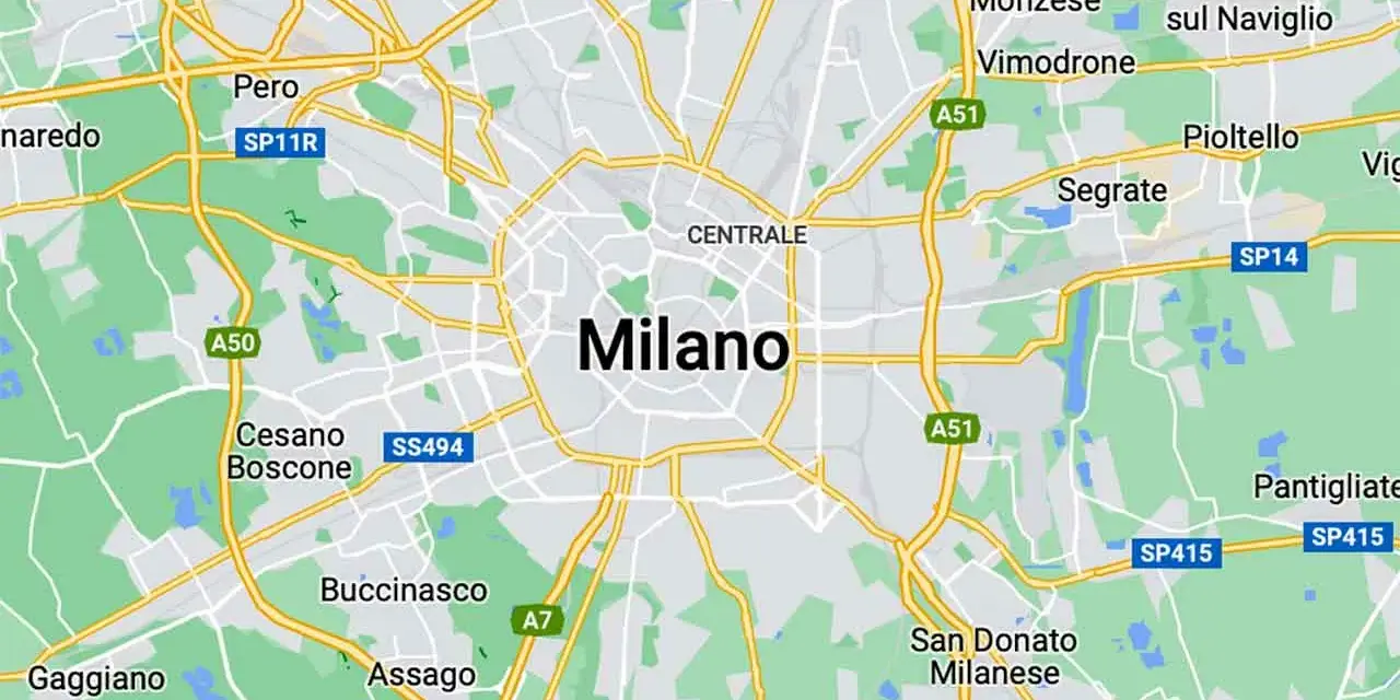 Mapa drogowa Mediolanu i okolic, z zaznaczoną nazwą miasta.