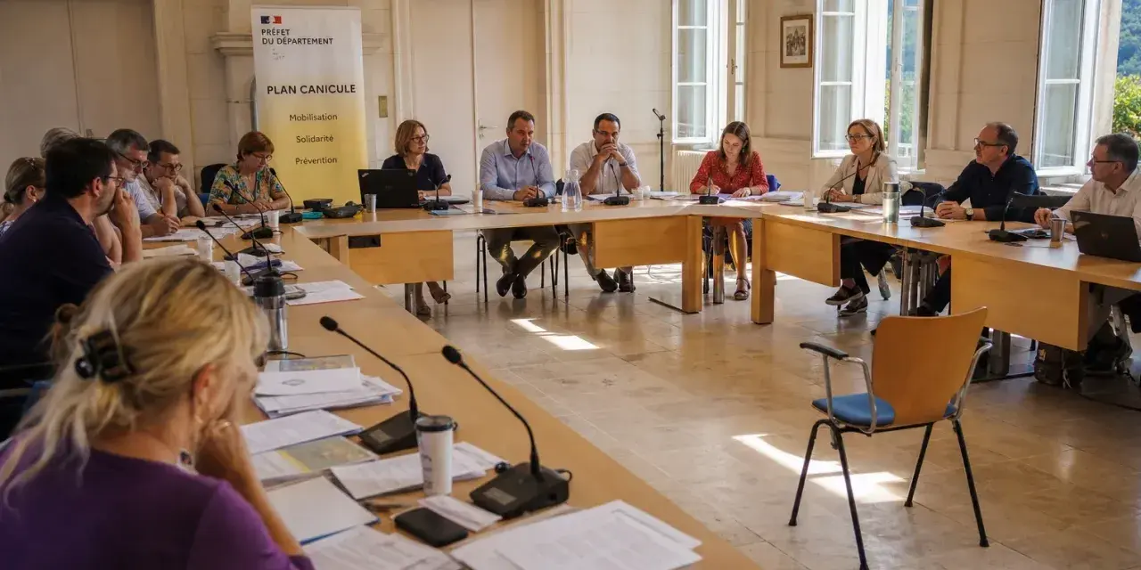 Réunion de travail sur le plan canicule. Un assistant sanitaire prépare la mobilisation, la solidarité et la prévention.